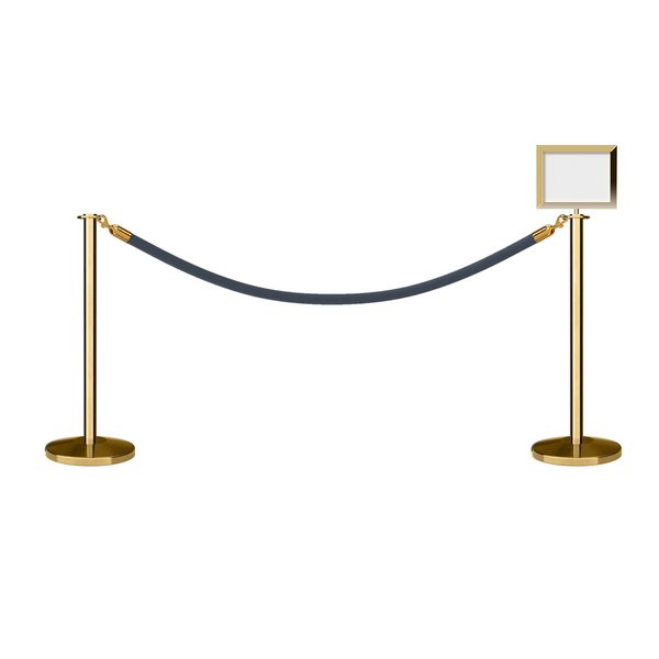 Montour Line Stanchion Post & Rope Kit Pol.Brass, 2FlatTop 1Gray Rope 8.5x11H Sign C-Kit-1-PB-FL-1-Tapped-1-8511-H-1-PVR-GY-PB